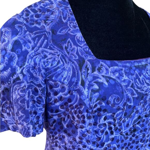Vintage Purple Floral Silk Dress Size 10 Modest Short Sleeve Square Neck - Picture 4 of 6